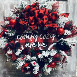 Comfy cozy are we flock wreath with wooden sign